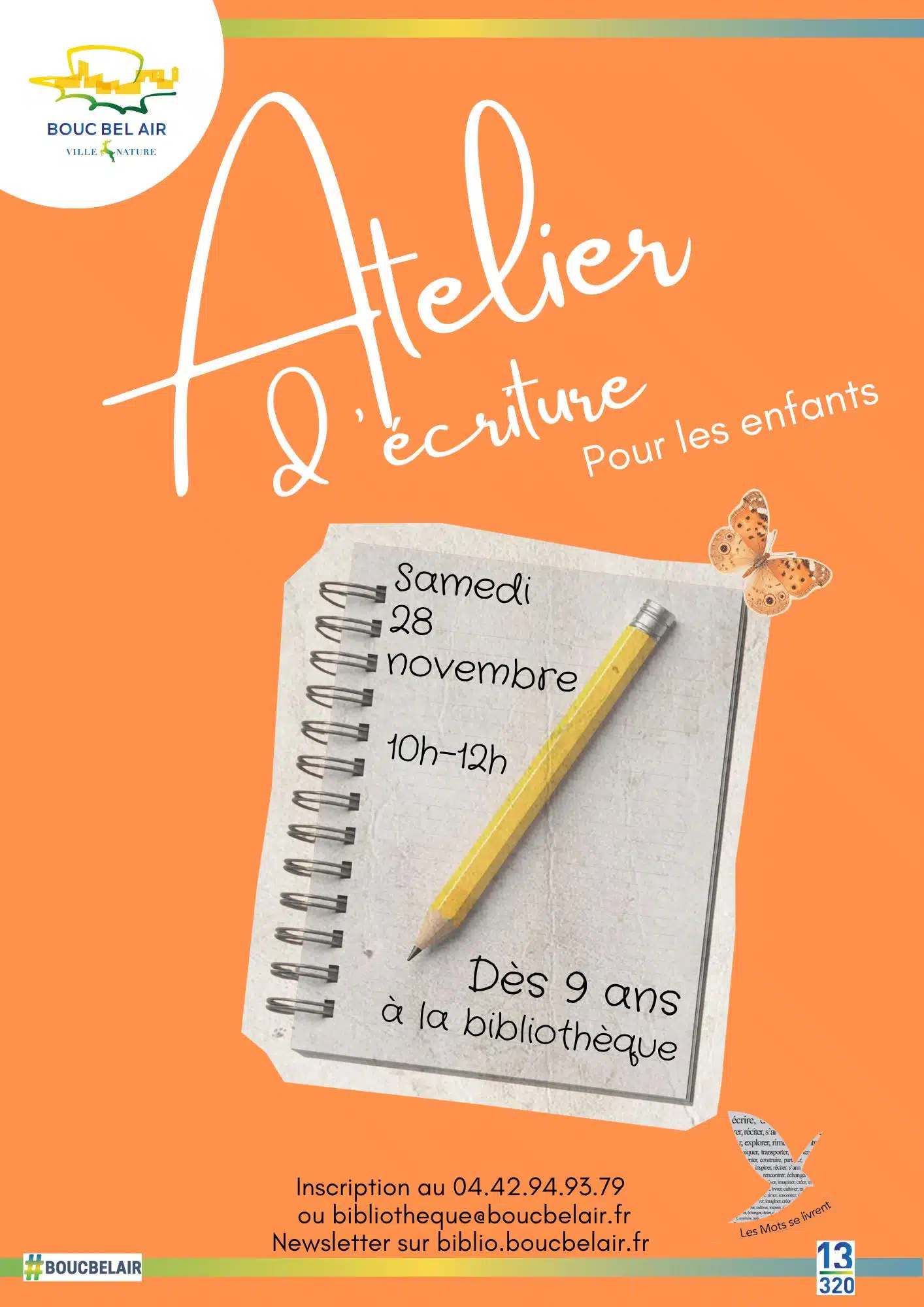 Affiche Atelier d’écriture enfants, 28 novembre 2026